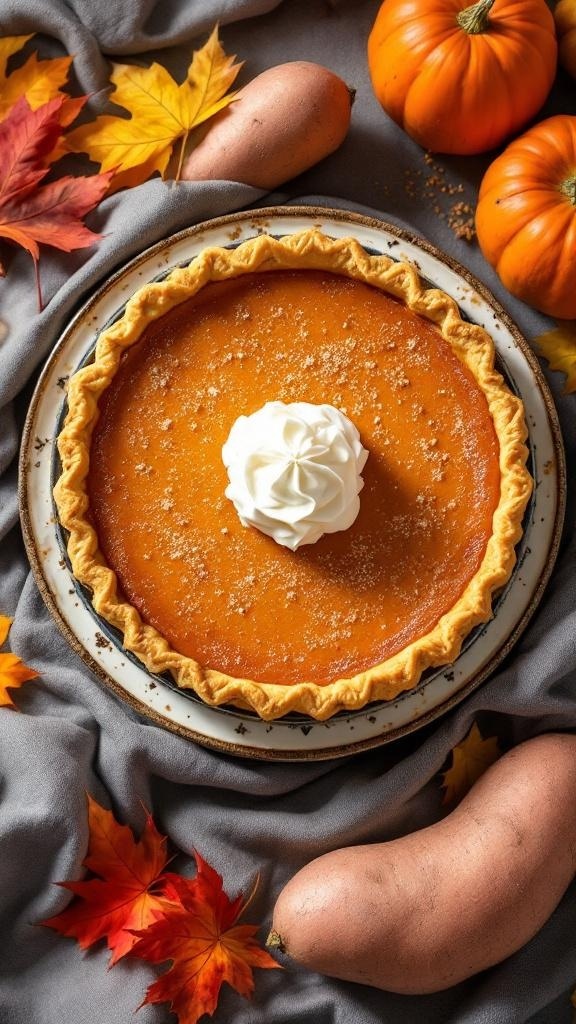 A delicious sweet potato pie topped with whipped cream, surrounded by autumn leaves and pumpkins.