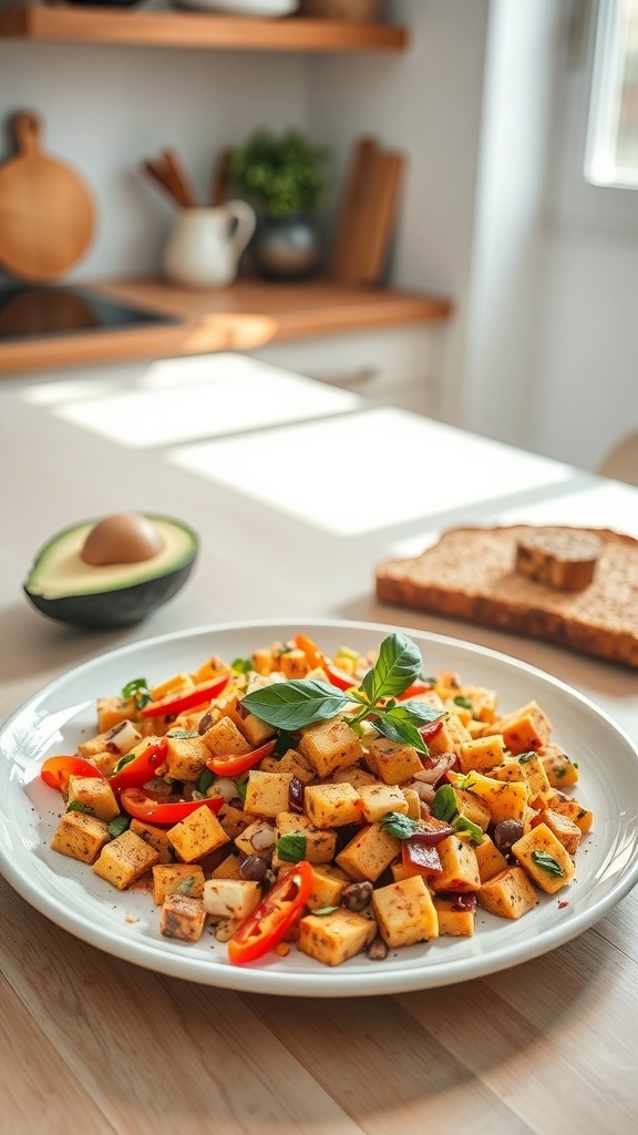 A colorful plate of tofu scramble with vegetables, garnished with herbs.
