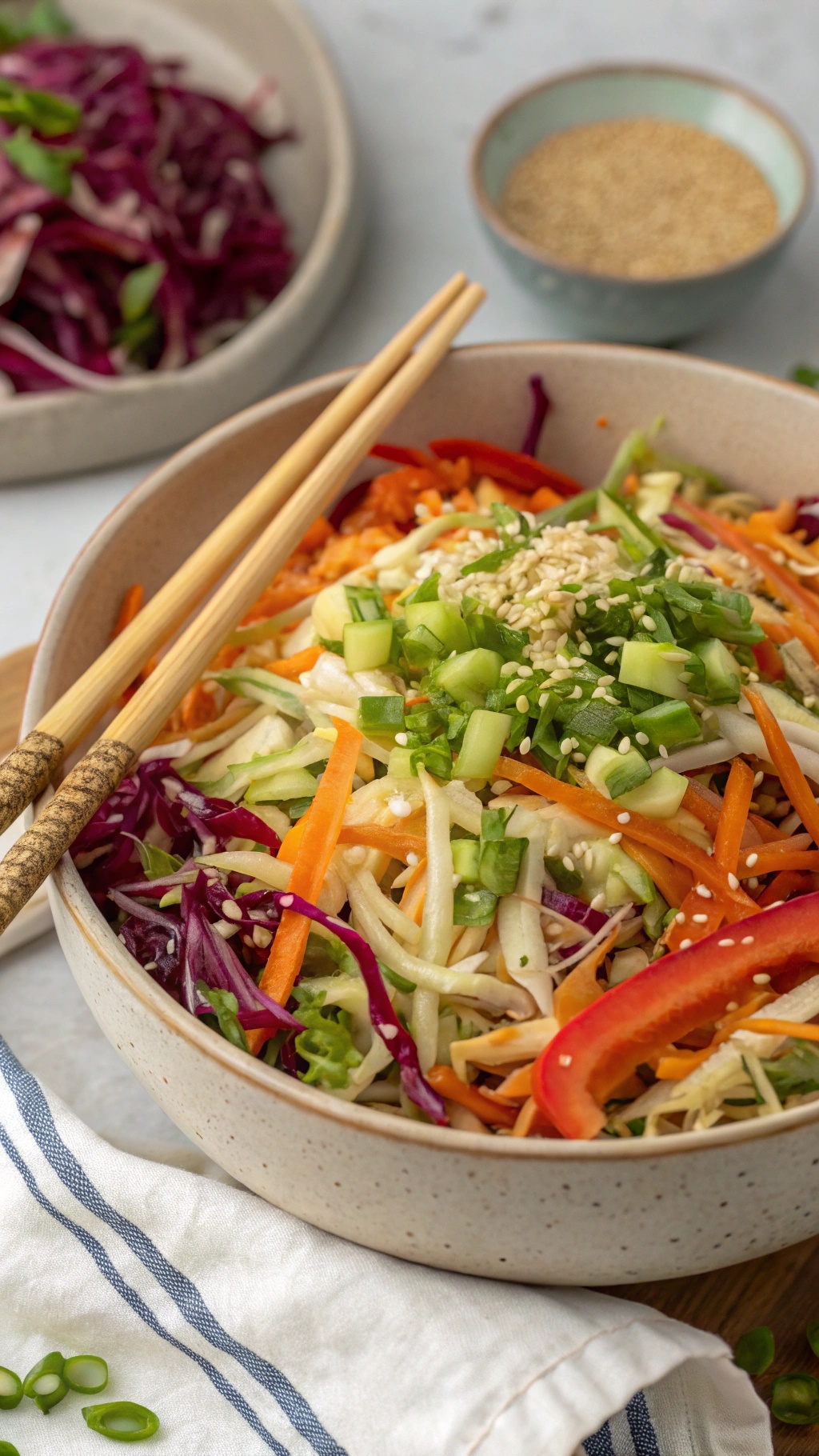 A bowl of colorful Asian slaw with chopsticks and sesame seeds on the side.