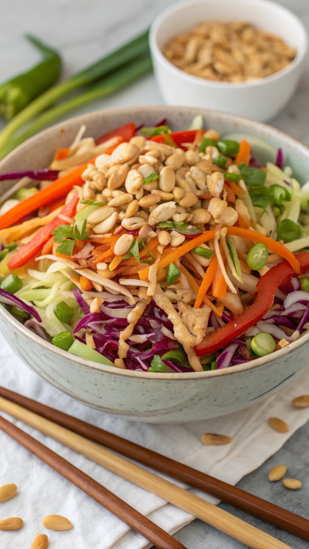A bowl of Crisp Asian Slaw topped with peanut dressing and chopped peanuts, surrounded by chopsticks and ingredients.