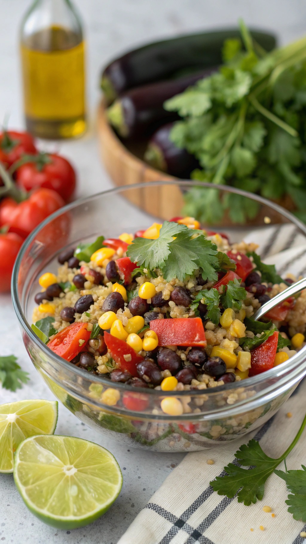 A colorful bowl of quinoa and black bean salad with fresh vegetables and lime.