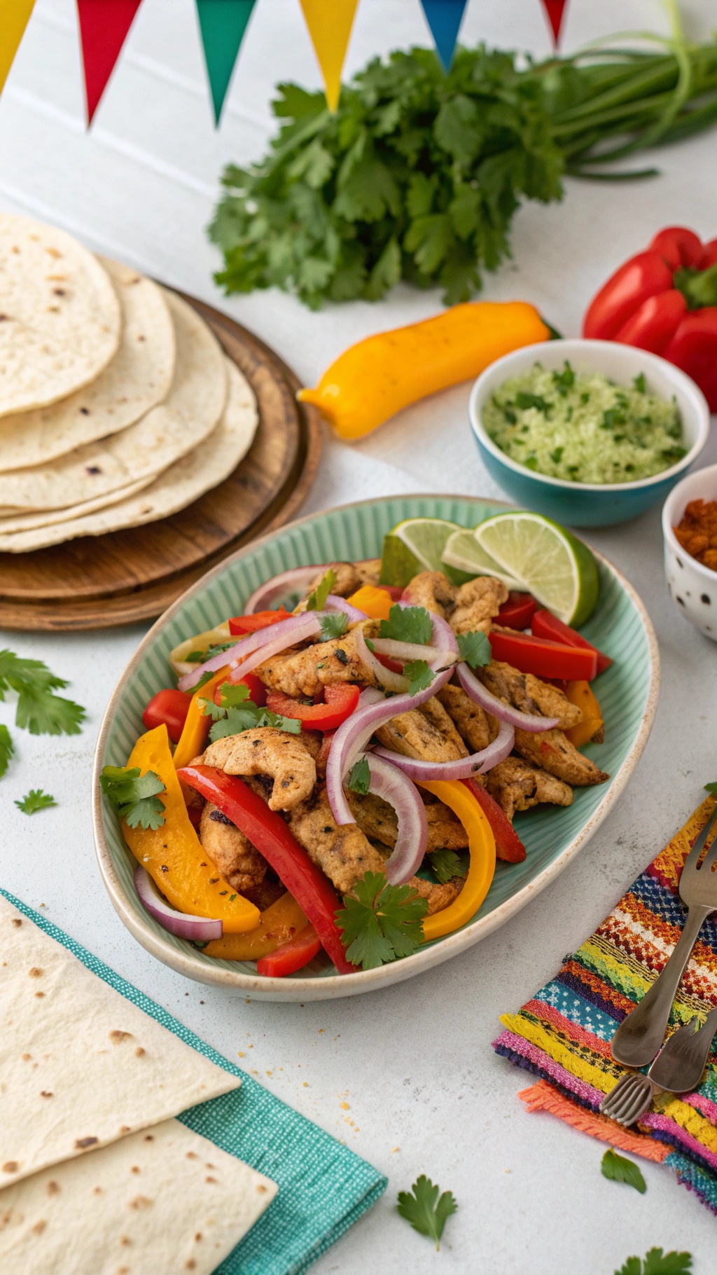 A plate of crispy air fryer chicken fajitas with colorful bell peppers and onions, served with tortillas and garnished with lime and cilantro.