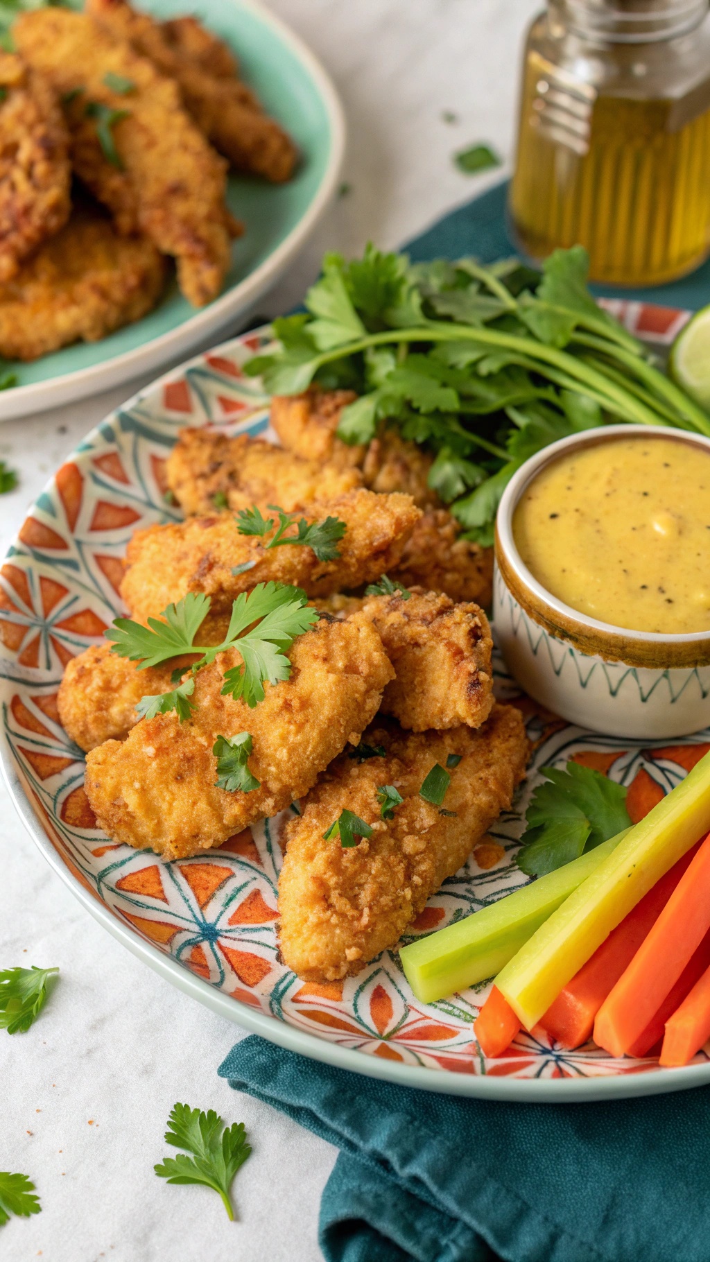 A plate of crispy air fryer chicken tenders garnished with cilantro, served with celery and carrot sticks, and a bowl of dipping sauce.