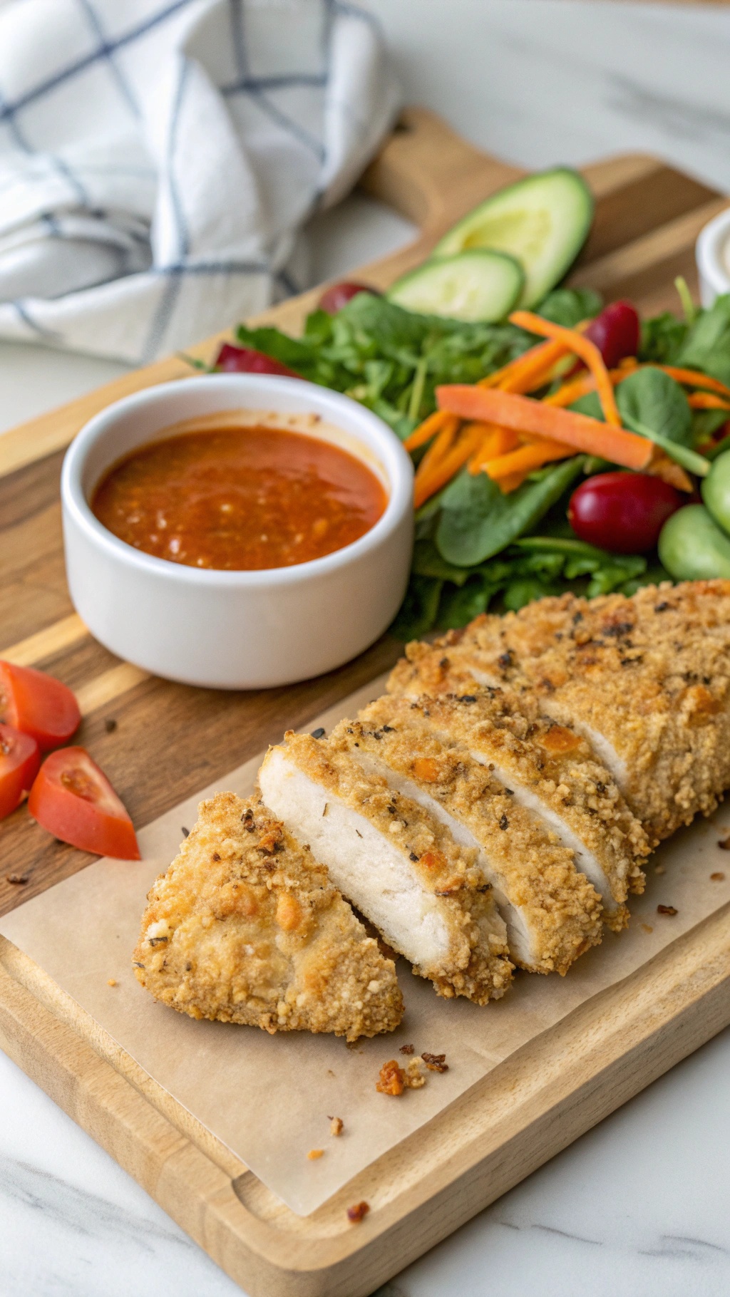 Crispy almond-crusted chicken breasts served with a side salad and dipping sauce.