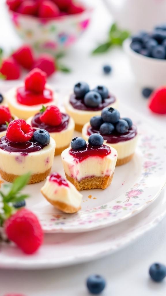 No-bake cheesecake bites topped with berries on a floral plate