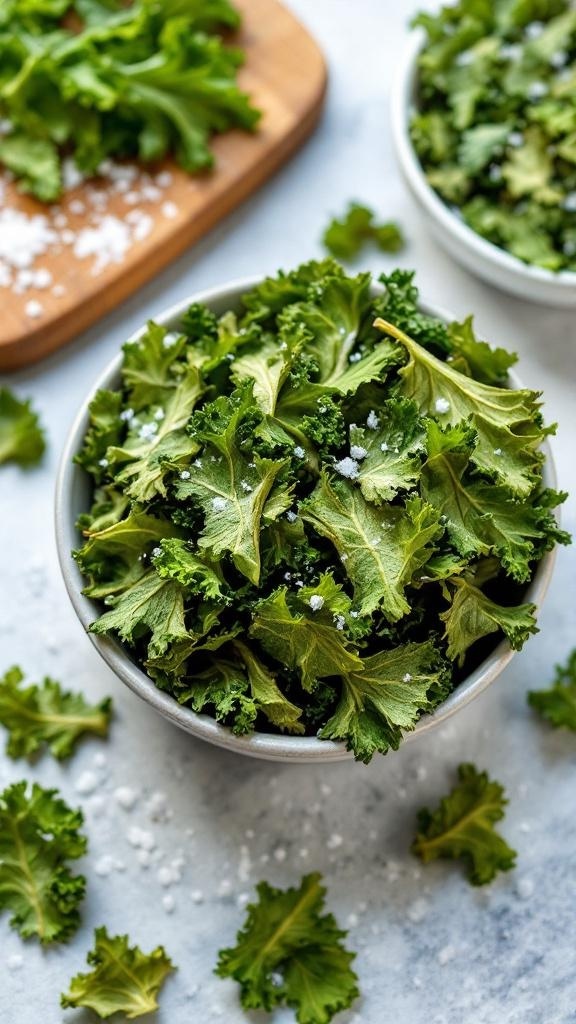 Bowl of homemade kale chips with a sprinkle of salt, surrounded by fresh kale leaves.