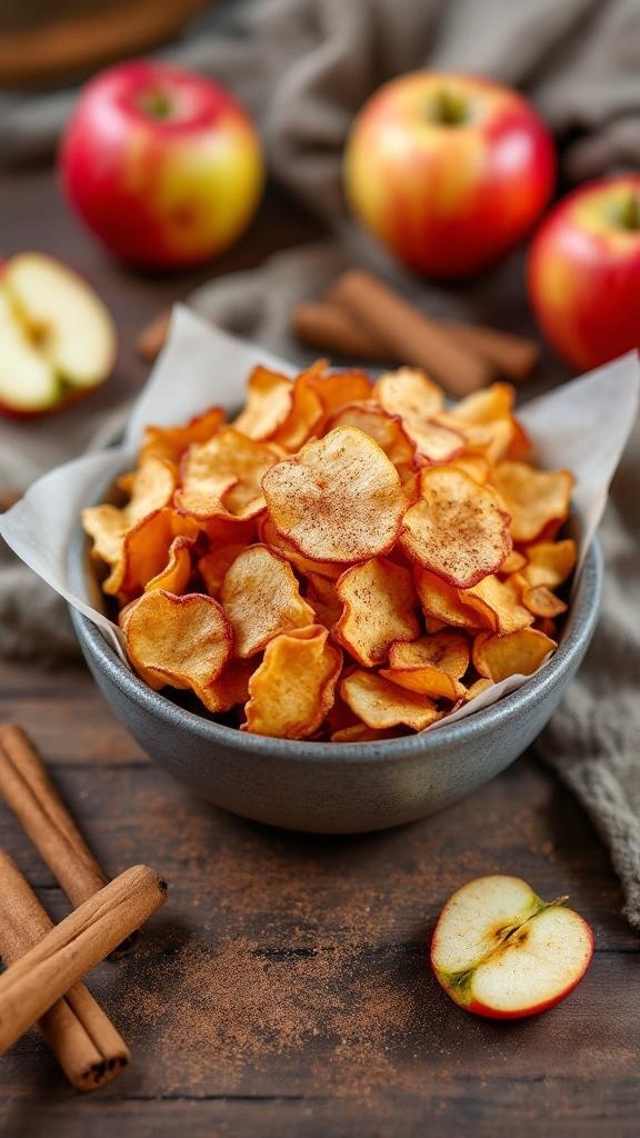 Bowl of baked cinnamon apple chips with fresh apples and cinnamon sticks