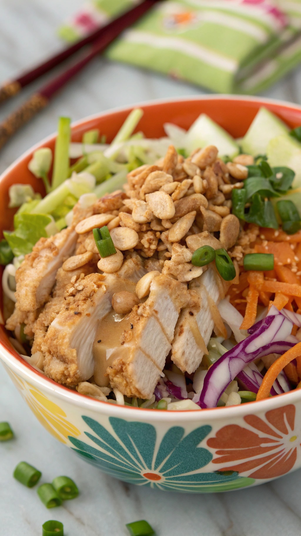 A colorful bowl of crispy Asian chicken salad topped with peanut dressing and garnished with peanuts and green onions.