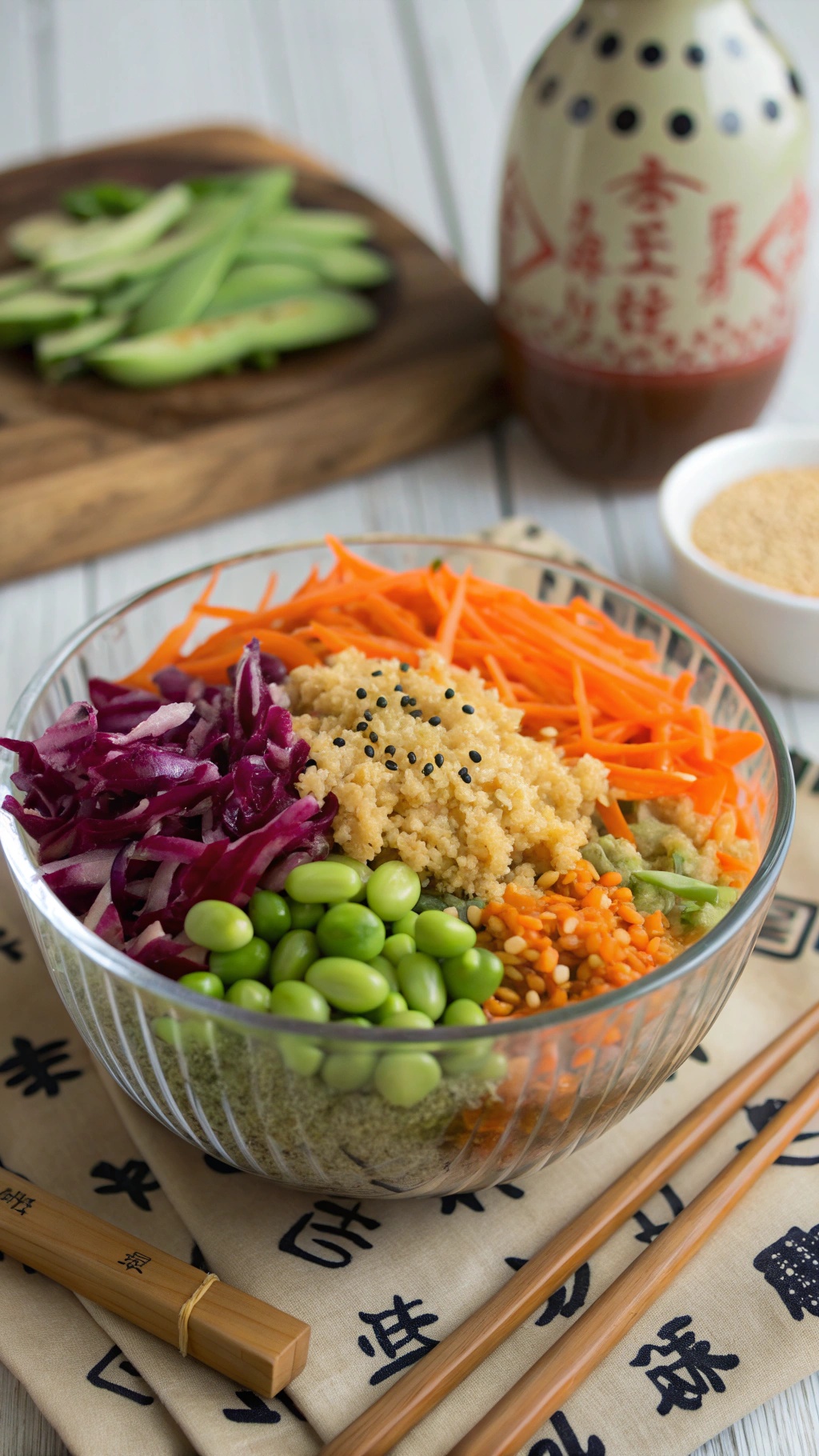 A vibrant bowl of crispy Asian quinoa salad with colorful vegetables and sesame dressing.