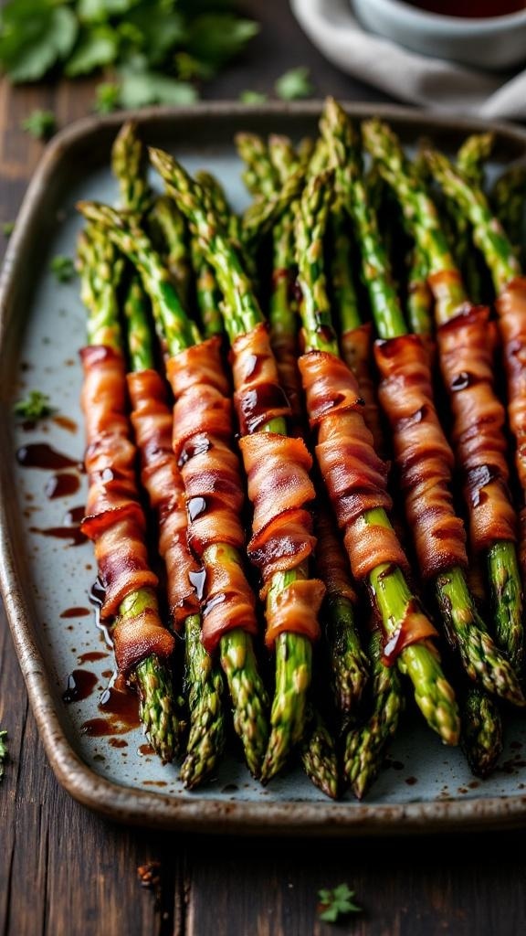 A plate of crispy bacon-wrapped asparagus spears, drizzled with balsamic glaze.