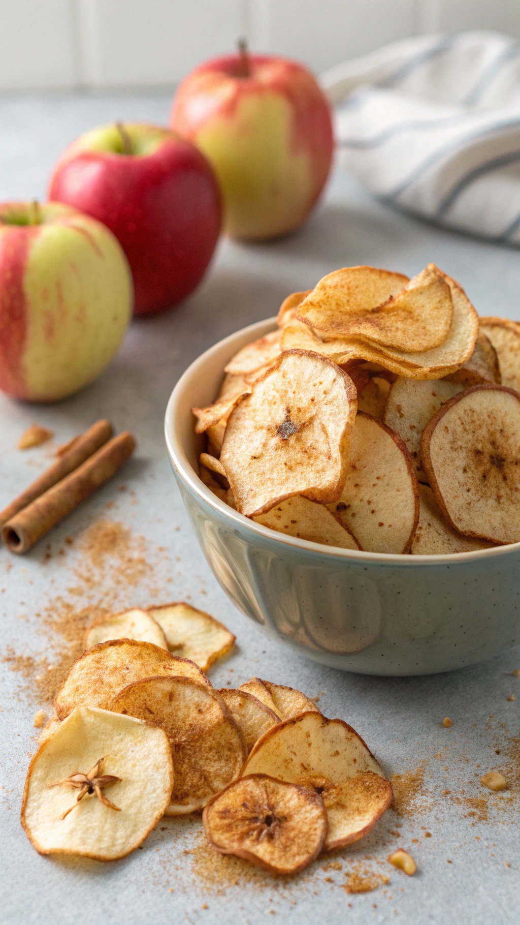 A bowl of crispy baked apple chips with fresh apples and cinnamon sticks in the background.