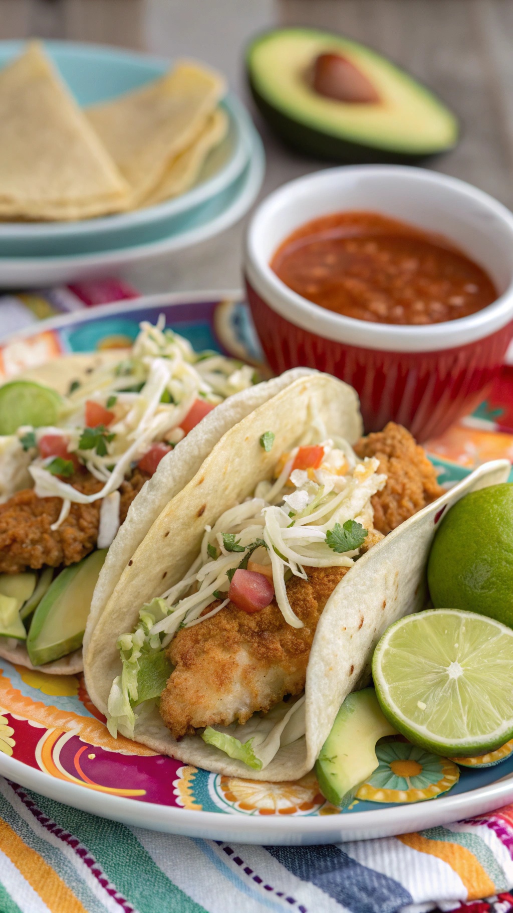 Crispy baked fish tacos with slaw, avocado, and lime on a colorful plate.