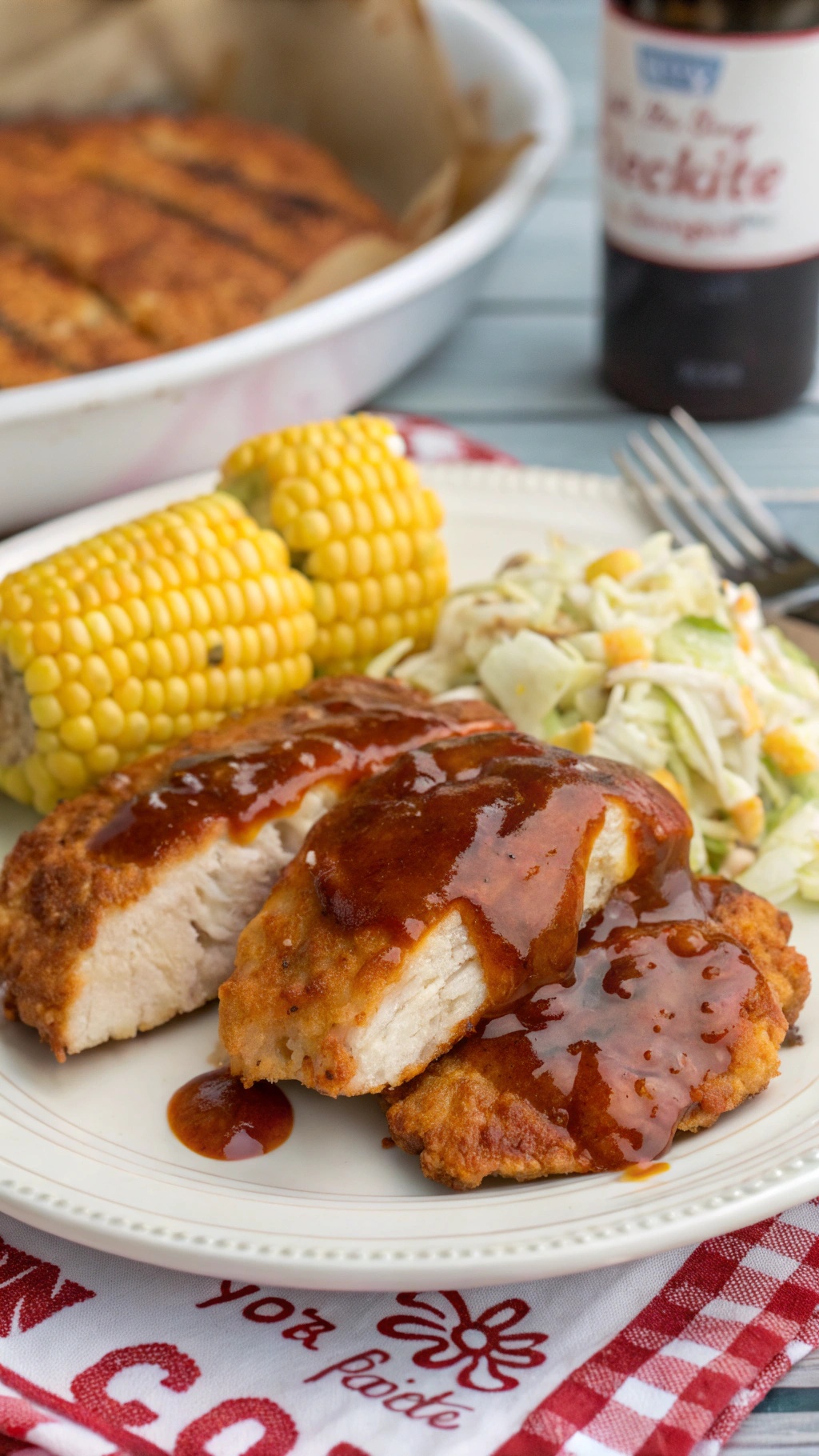 Crispy BBQ chicken breasts served with corn on the cob and coleslaw