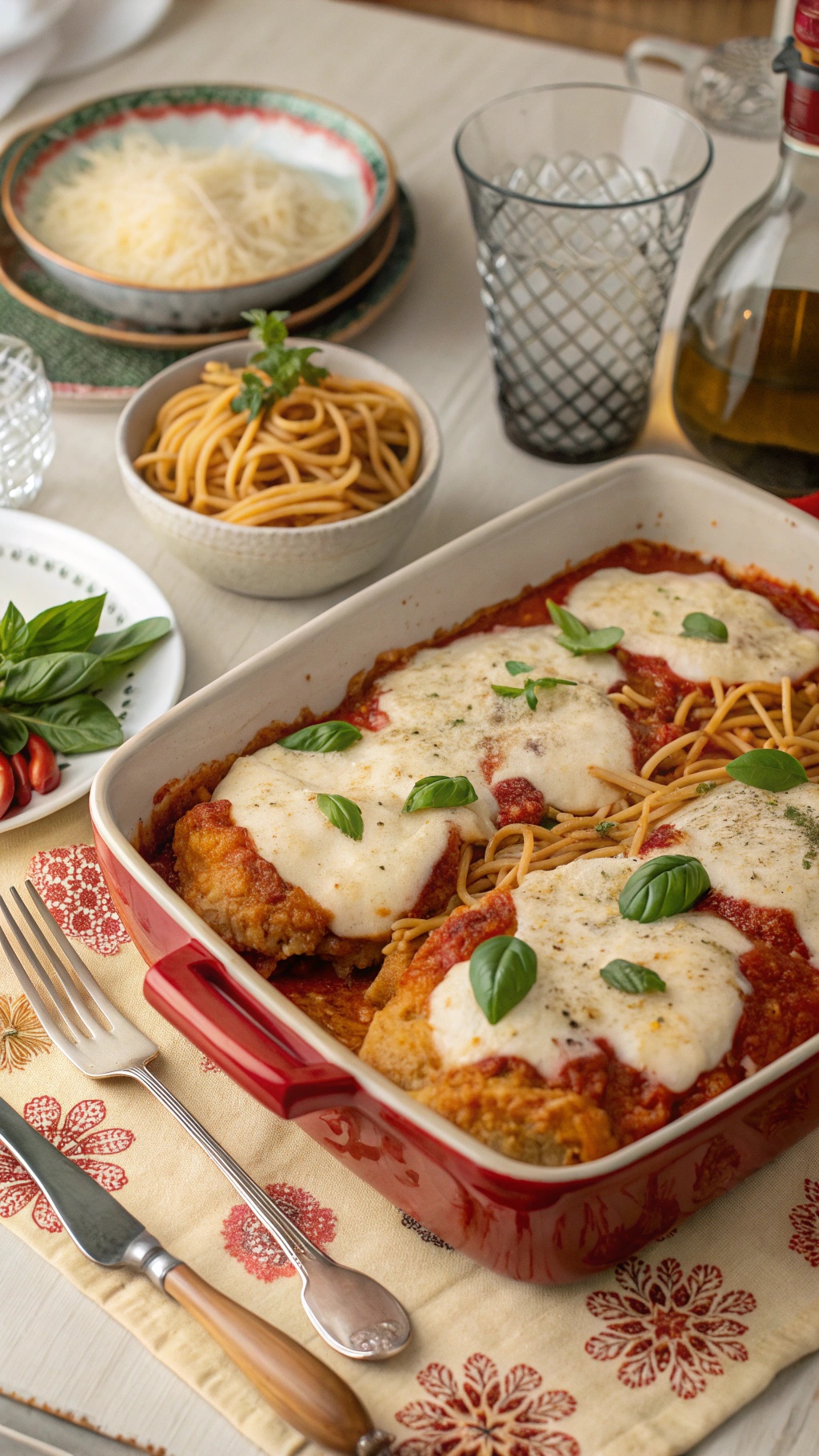 A delicious Crispy Chicken Parmesan Bake with melted cheese and fresh basil, served with spaghetti.