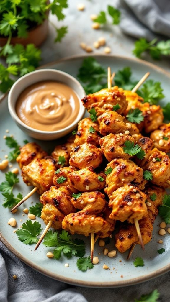 A platter of crispy chicken satay skewers with peanut sauce, garnished with cilantro and crushed peanuts.