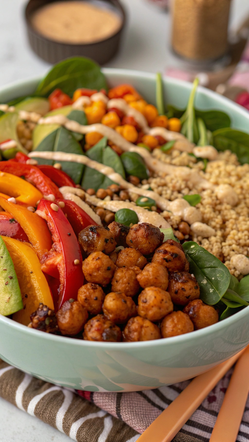 A colorful bowl filled with quinoa, crispy chickpeas, fresh vegetables, and tahini dressing.