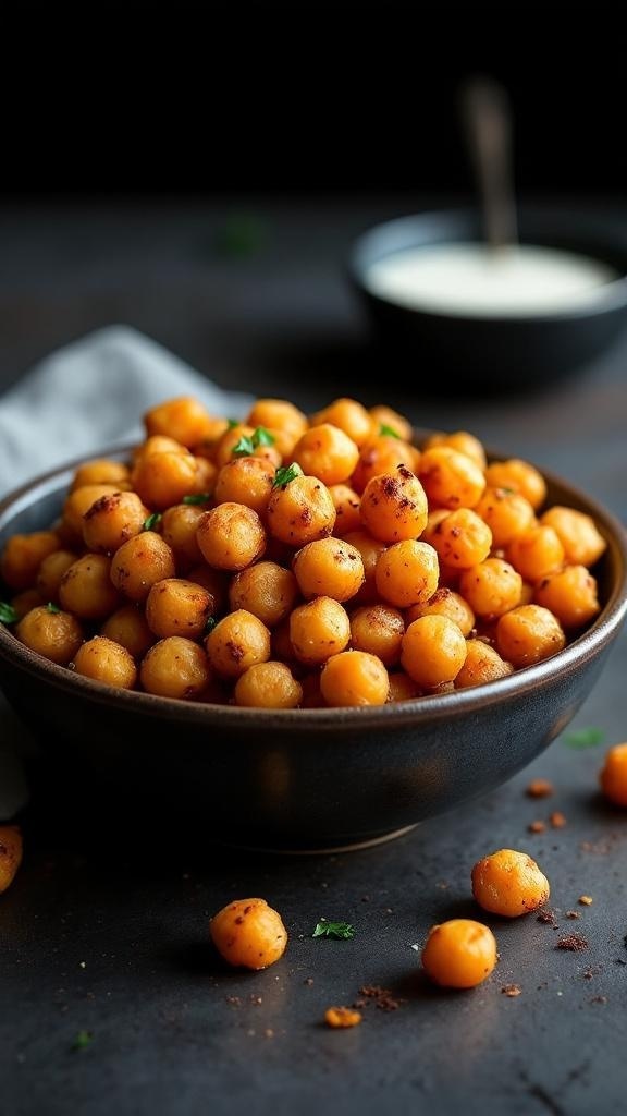 A bowl of crispy chickpeas, golden and crunchy, ready to be enjoyed as a healthy snack.