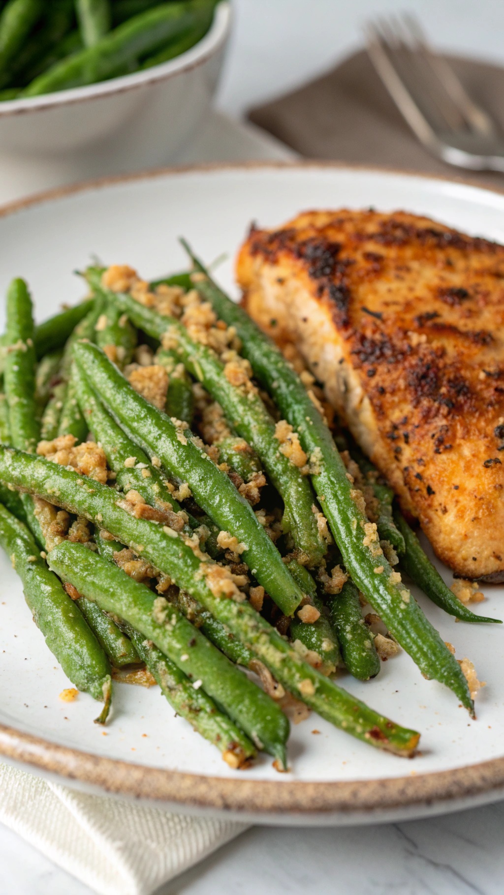 Crispy green beans with a crunchy coating served with air fryer chicken breast.