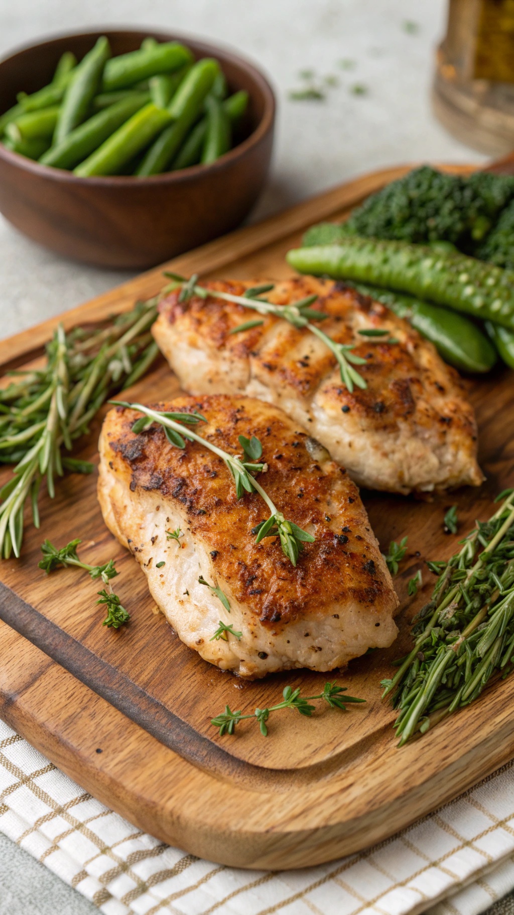 Crispy herb-infused air fryer chicken breasts served with green vegetables on a wooden platter.