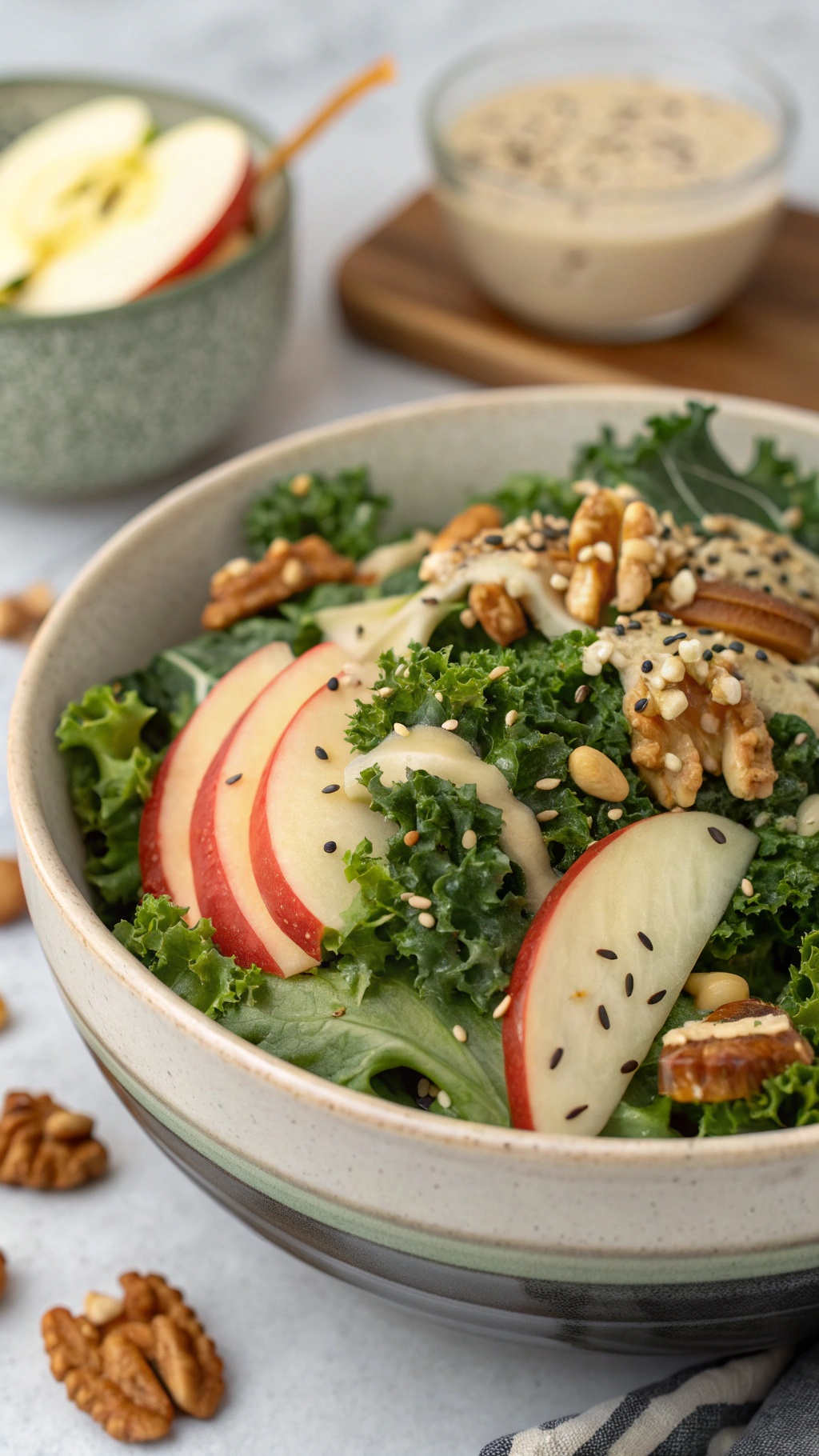 A bowl of crispy kale and apple salad topped with walnuts and sesame seeds, with a side of sliced apples and dressing.
