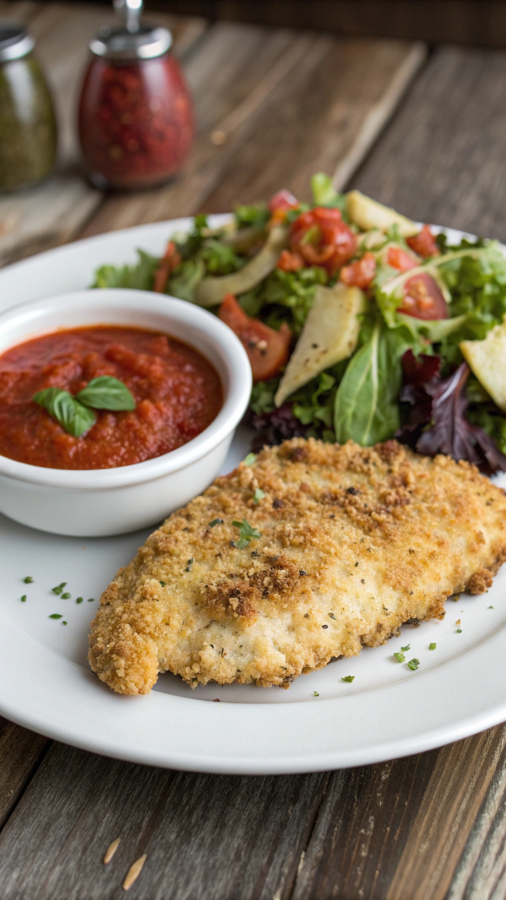 Crispy Parmesan Crusted Chicken served with marinara sauce and a fresh salad.