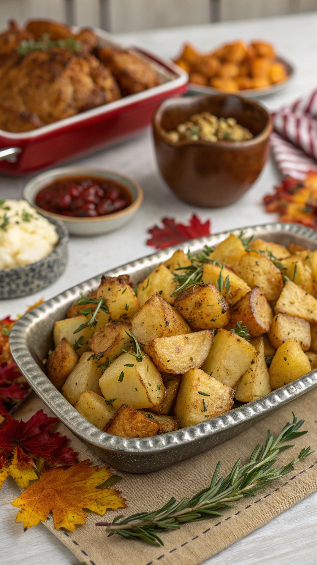 A serving of crispy roasted potatoes with herbs, surrounded by colorful fall leaves and other Thanksgiving dishes.