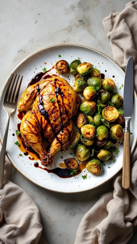 A plate of crispy rotisserie chicken served with roasted Brussels sprouts, drizzled with balsamic glaze.