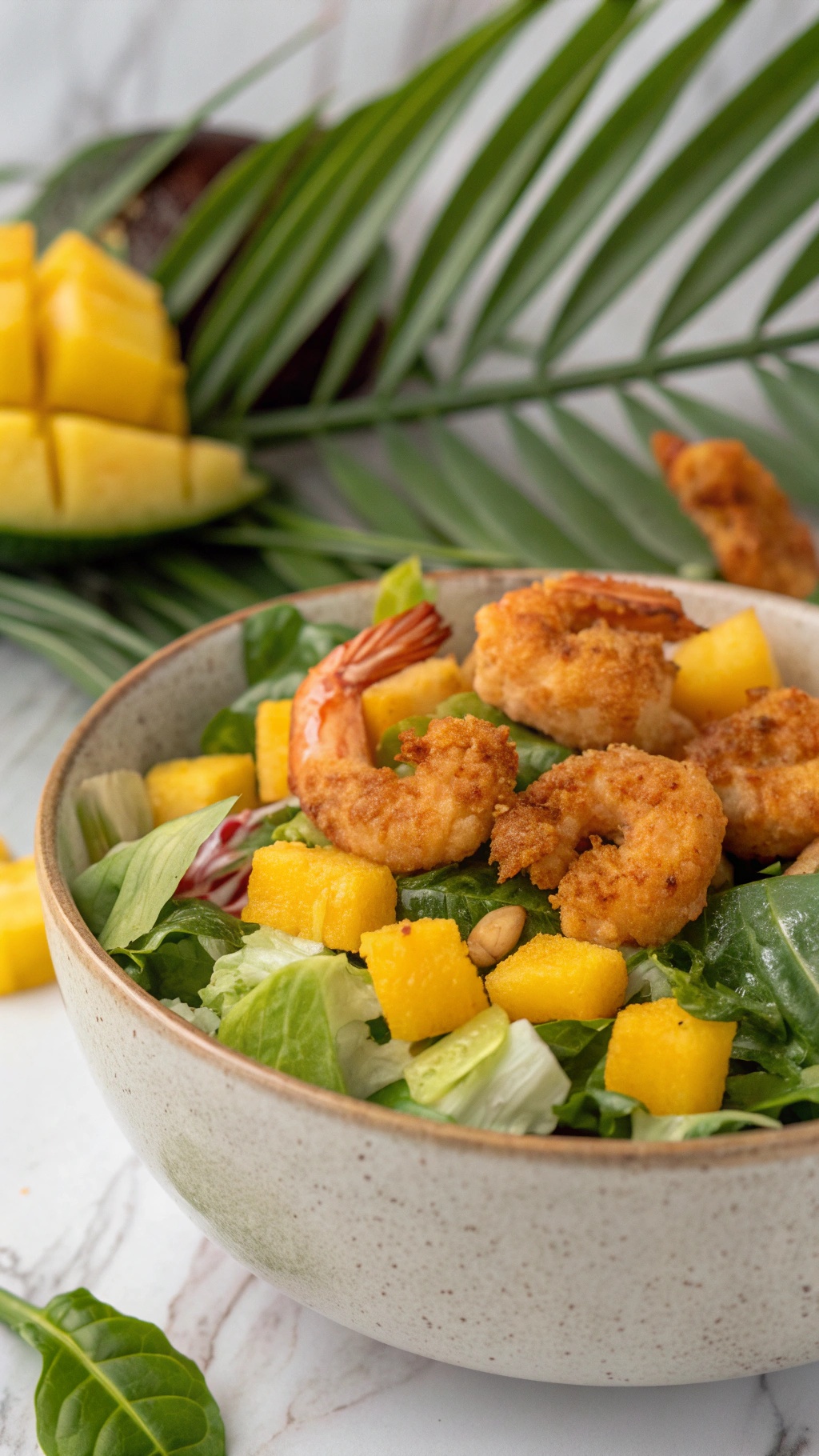 A bowl of crispy shrimp and mango salad with greens and mango chunks, garnished with nuts.