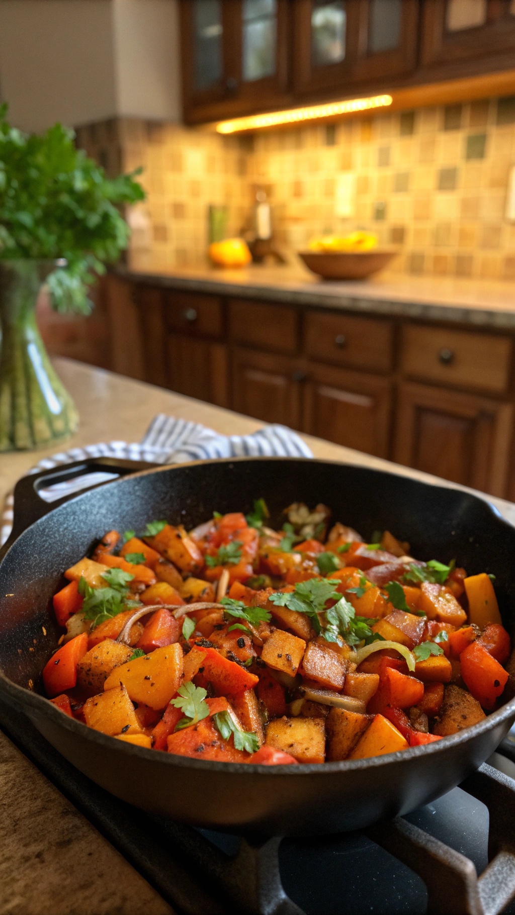 A cast-iron skillet filled with crispy sweet potato hash, garnished with fresh herbs.