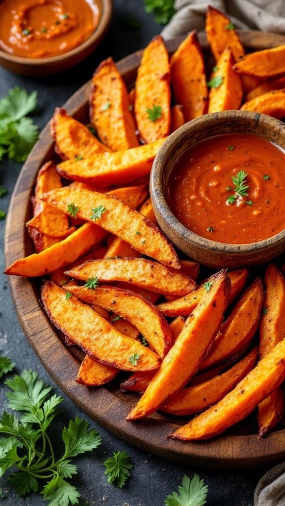 A plate of crispy sweet potato wedges served with a spicy dip and garnished with cilantro.