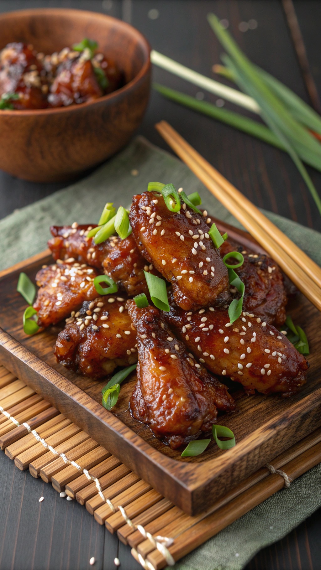 Crispy teriyaki chicken wings garnished with sesame seeds and green onions on a wooden platter.