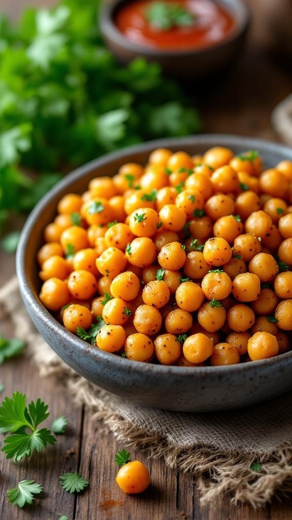 A bowl of crunchy baked chickpeas garnished with parsley, served with a dipping sauce.