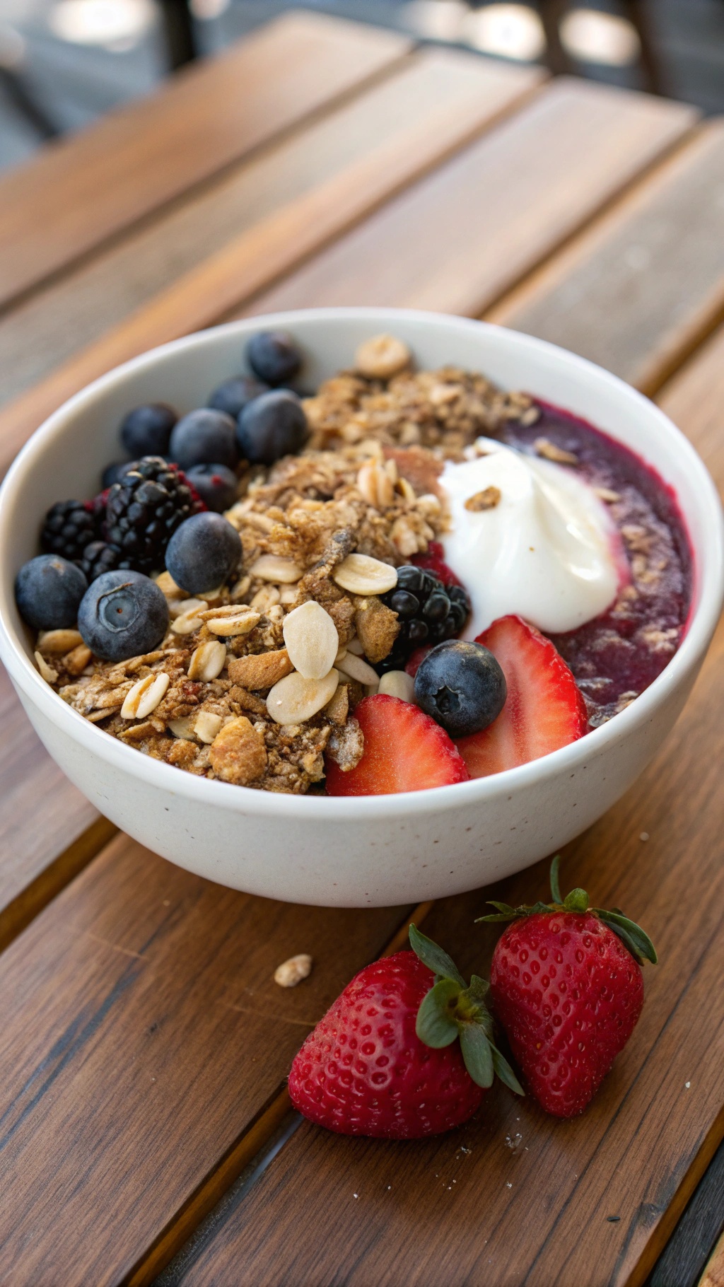 A bowl of acai topped with granola, berries, and yogurt on a wooden table.