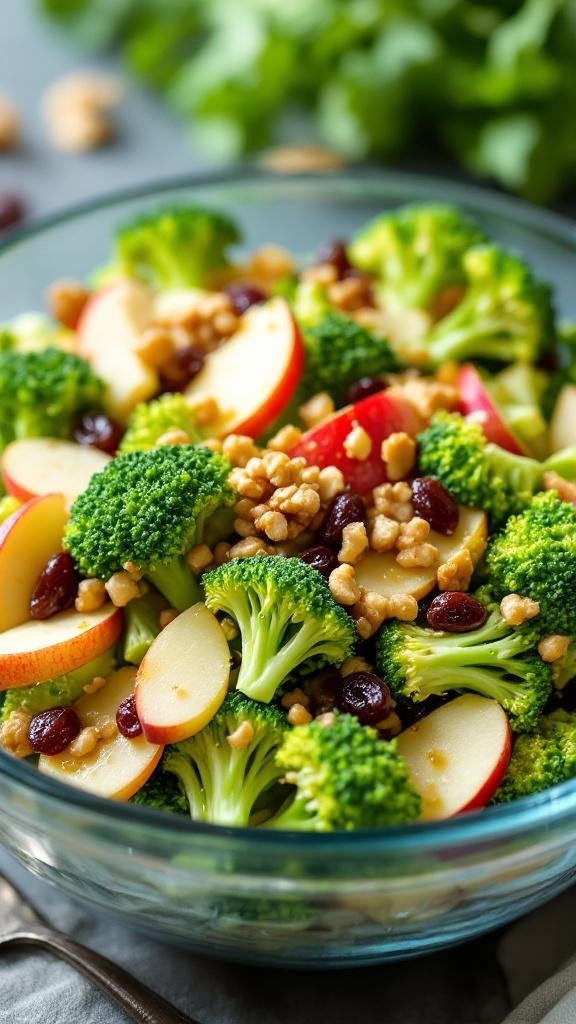 A vibrant salad featuring broccoli, sliced apples, walnuts, and raisins in a glass bowl.