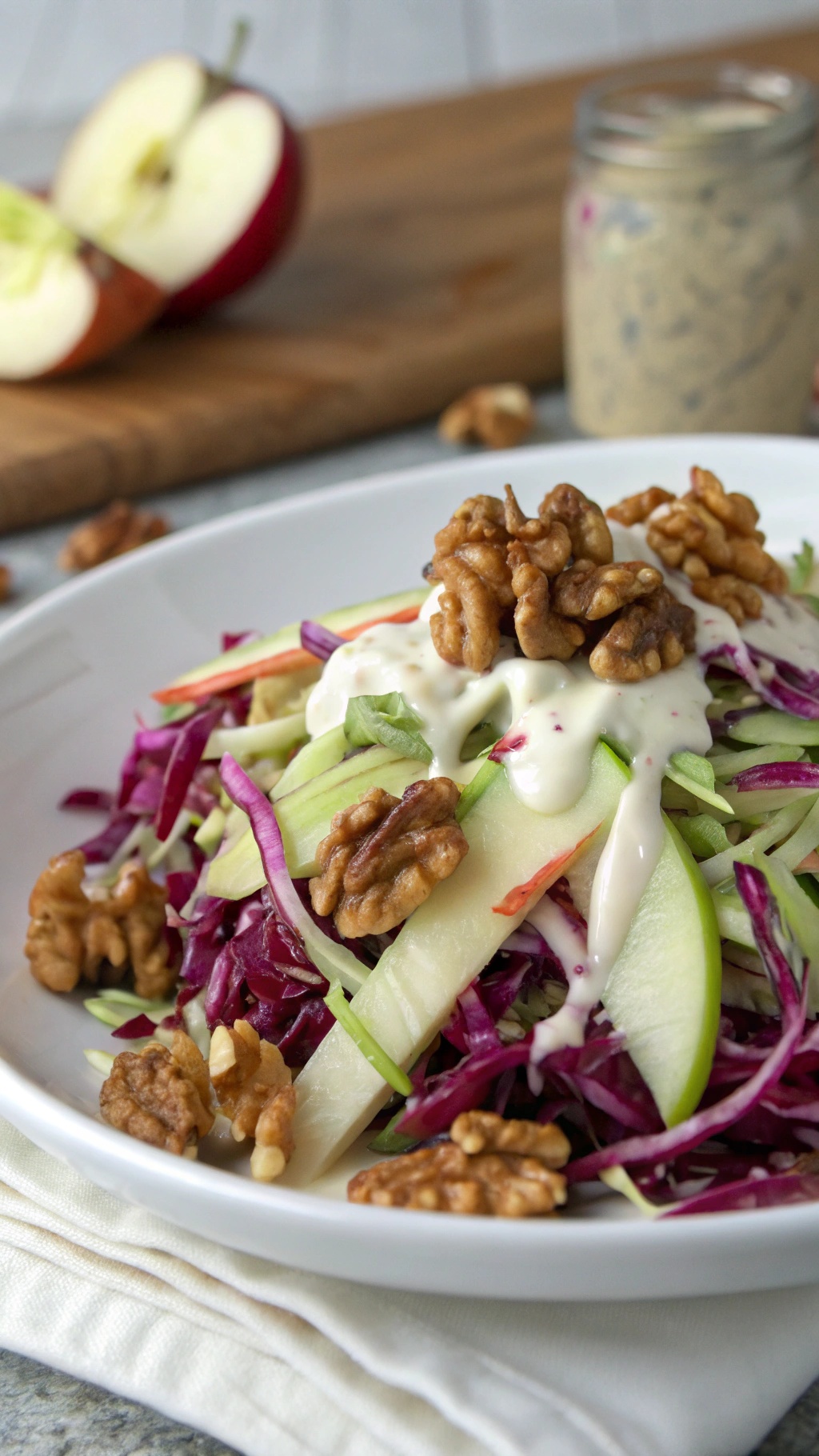 A colorful Crunchy Apple and Cabbage Detox Salad with walnuts and a creamy dressing.
