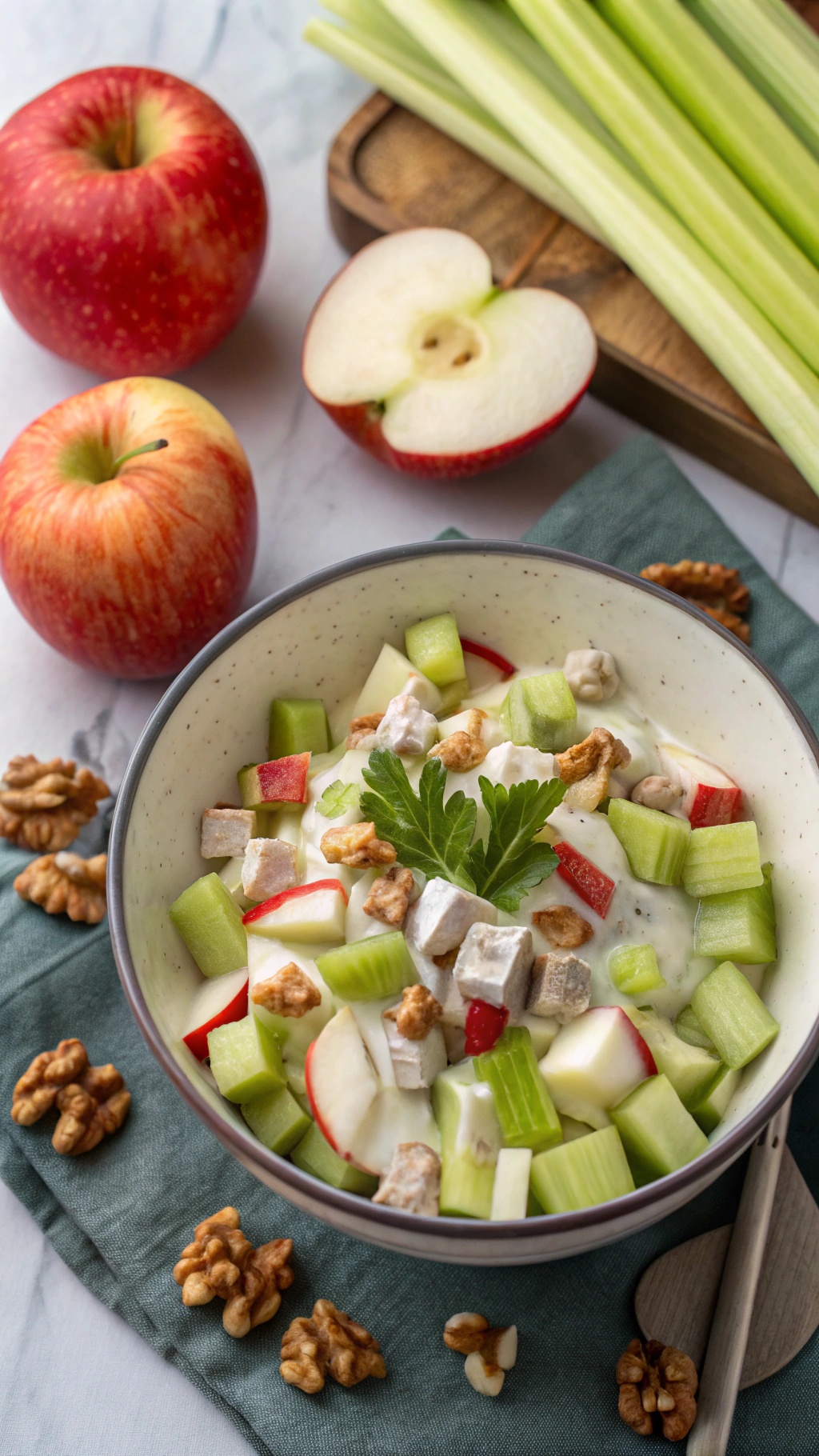 A bowl of crunchy apple and celery salad with yogurt dressing, garnished with walnuts, surrounded by fresh apples and celery stalks.