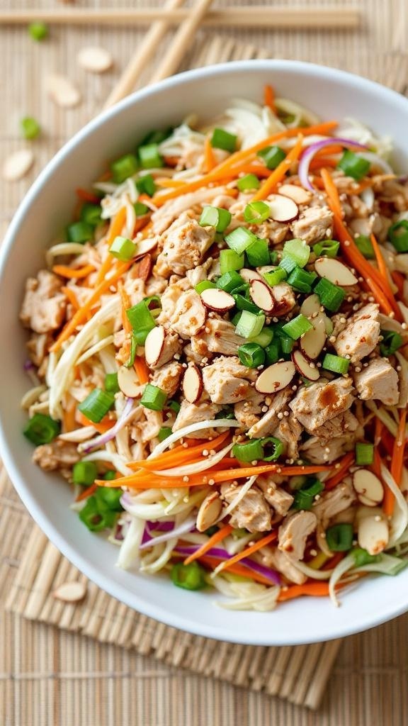 A bowl of crunchy Asian-inspired chicken salad with almonds, featuring colorful vegetables and shredded rotisserie chicken.