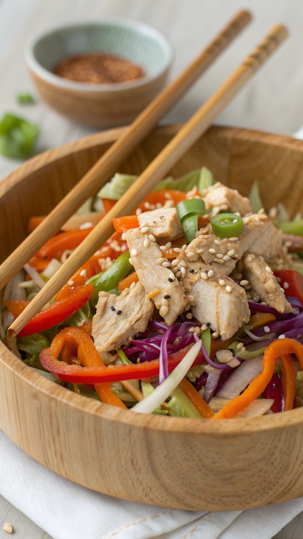 A colorful bowl of Crunchy Asian Chicken Salad with vegetables and chicken, garnished with sesame seeds.