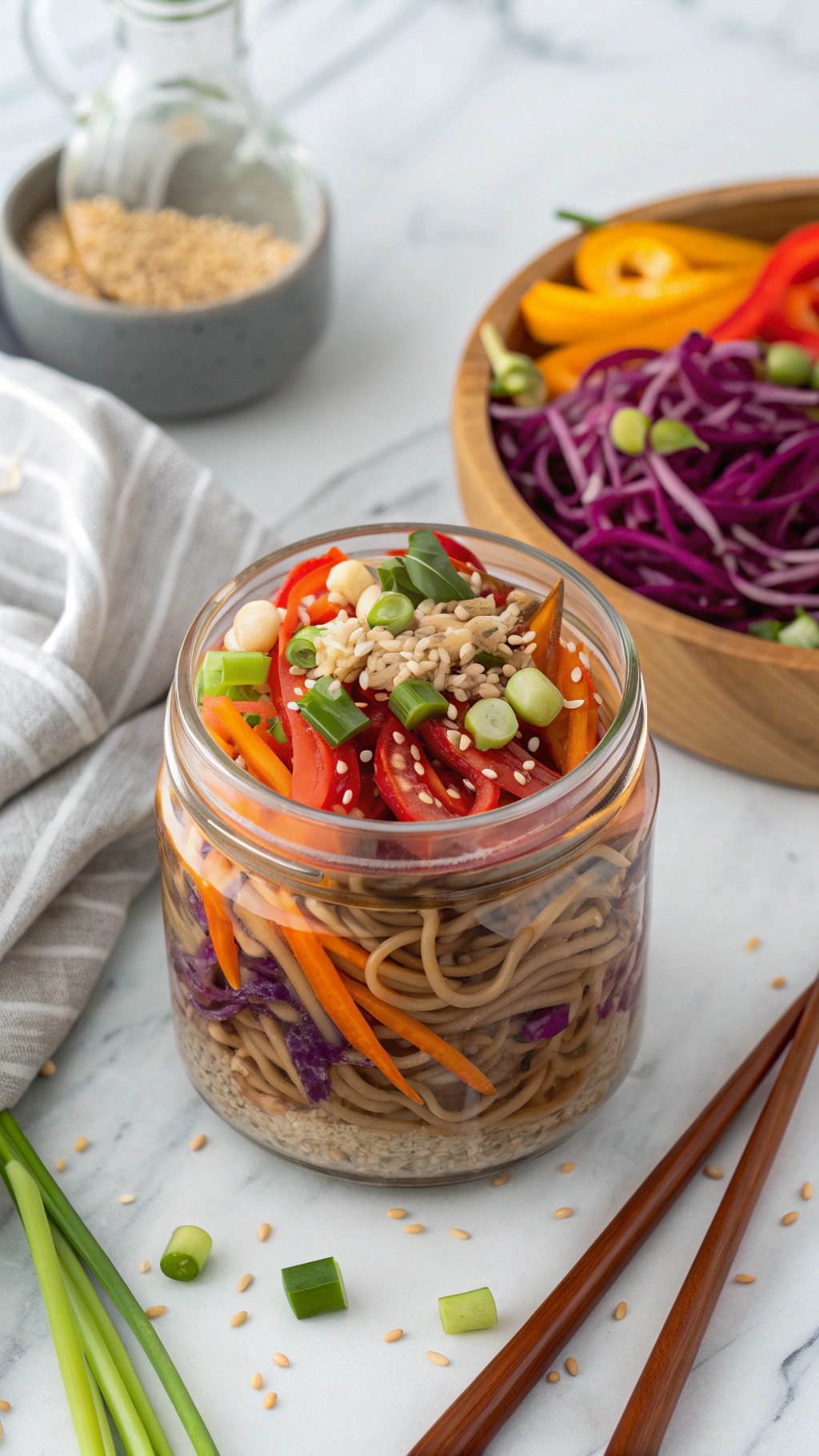 A colorful jar filled with Asian noodle salad, featuring soba noodles, bell peppers, carrots, and sesame seeds.