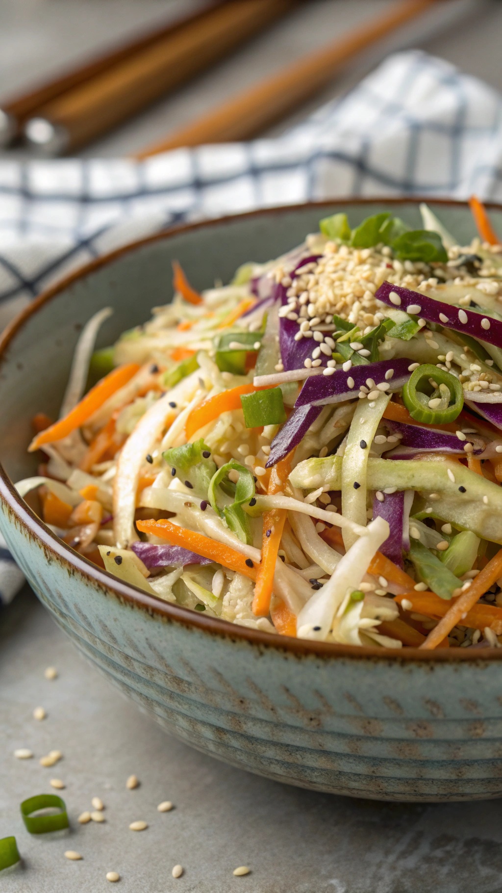 A bowl of colorful Asian slaw with sesame dressing, featuring shredded cabbage, carrots, and bell peppers, garnished with sesame seeds.
