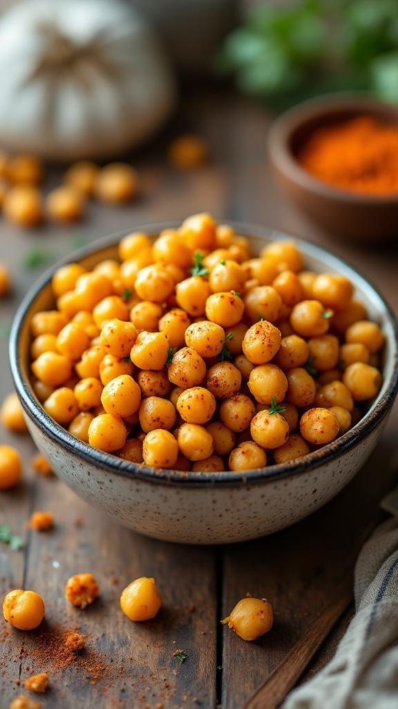 A bowl of crunchy baked chickpeas seasoned with spices, sitting on a wooden table.
