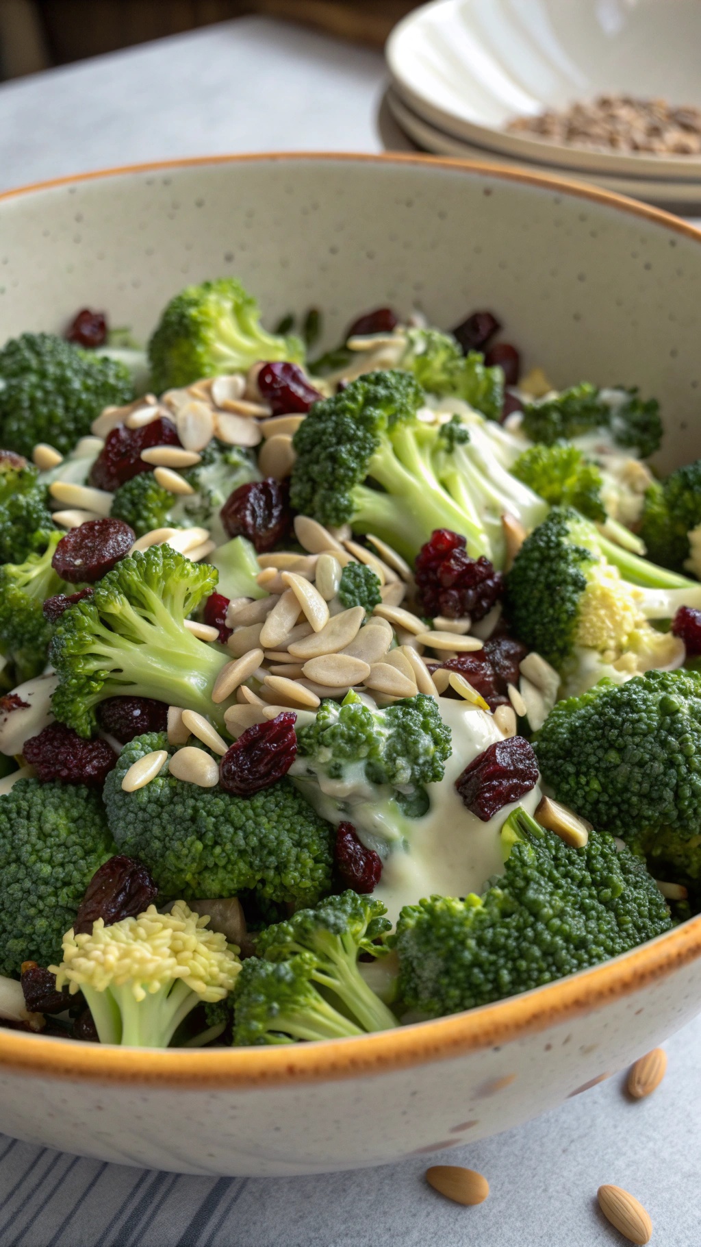 A bowl of crunchy broccoli salad topped with raisins and sunflower seeds, drizzled with creamy dressing.