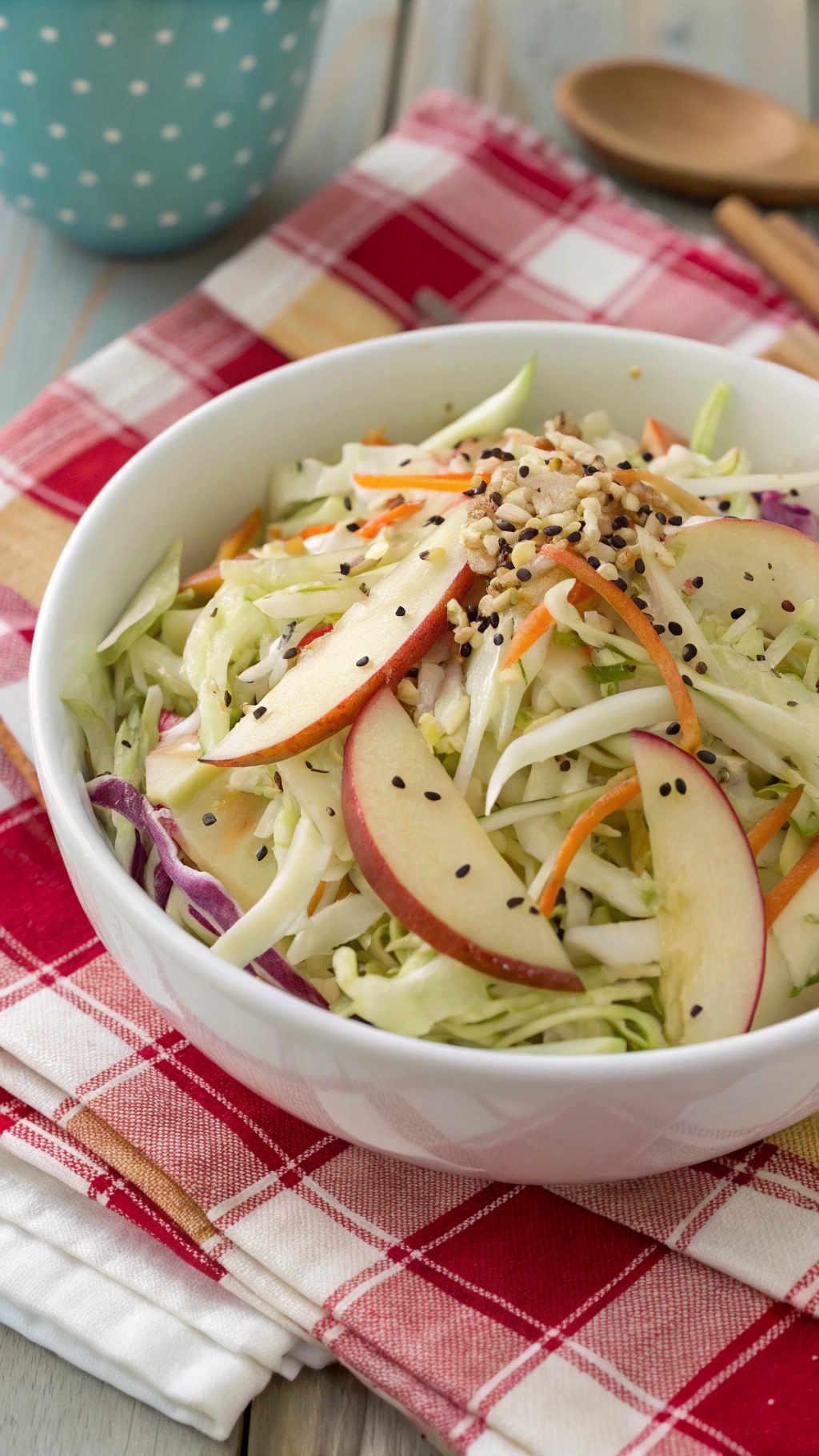 A bowl of crunchy cabbage and apple slaw with red apple slices and nuts on top, placed on a red and white checkered cloth.