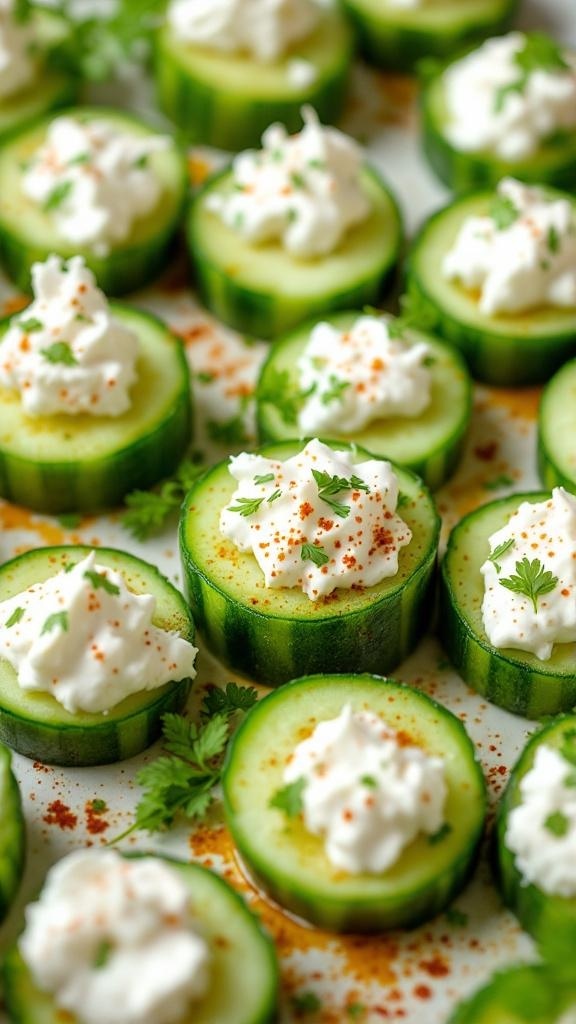 Cucumber slices topped with cream cheese and garnished with herbs and paprika.
