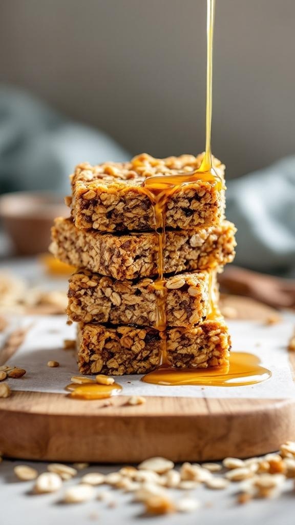 A stack of crunchy granola bars drizzled with honey, placed on a wooden board with scattered oats around.