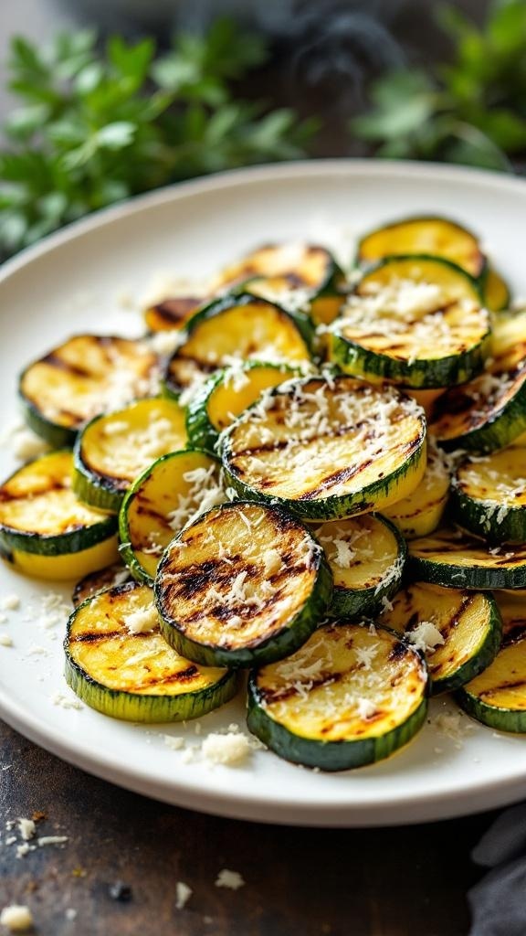 Grilled zucchini ribbons topped with Parmesan cheese on a white plate