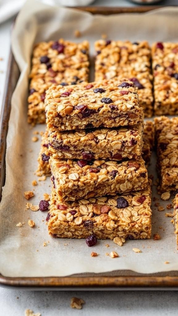 Crunchy homemade granola bars stacked on a tray