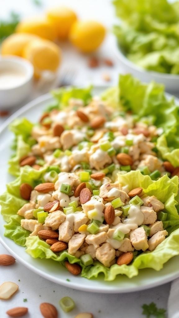 A plate of crunchy keto chicken salad lettuce wraps topped with almonds and green onions.