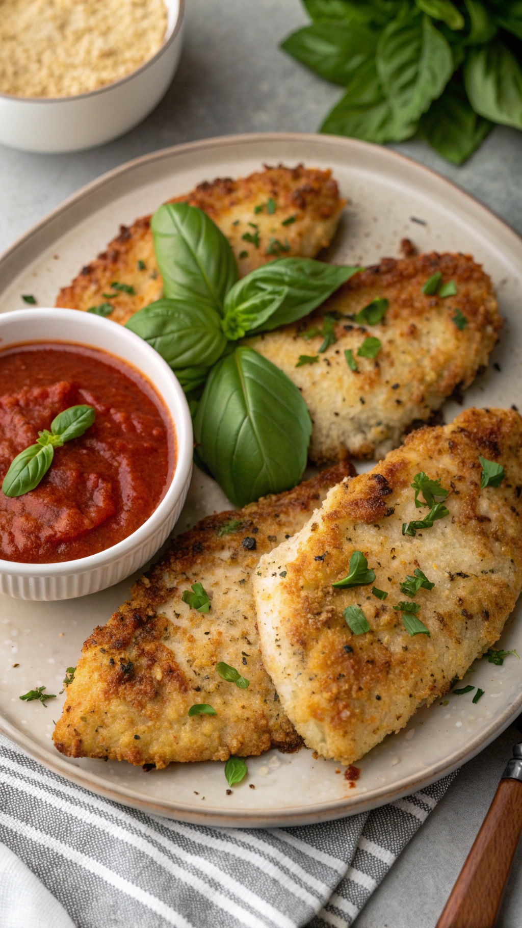 Crunchy Parmesan-Crusted Air Fryer Chicken Breasts with marinara sauce