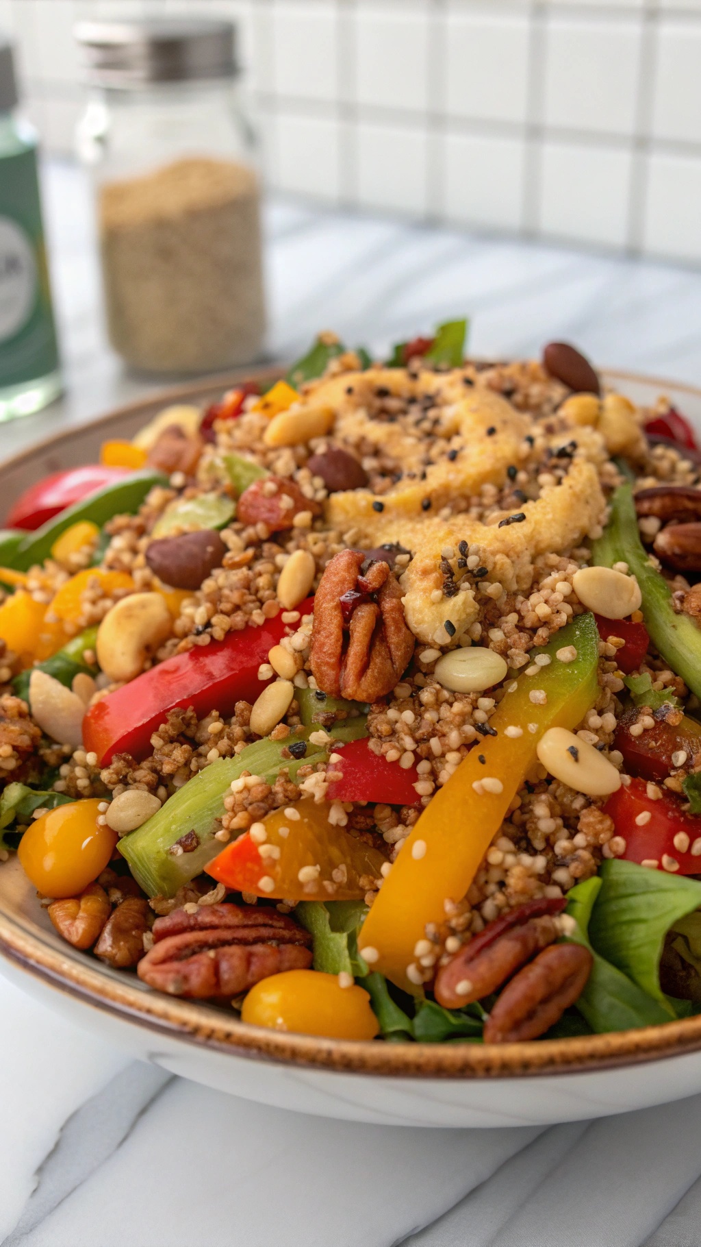 A colorful quinoa salad with nuts and seeds, featuring diced bell peppers and cherry tomatoes.